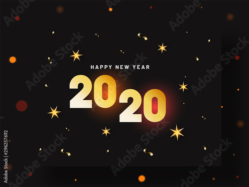 2020 text with golden stars and confetti decorated on black bokeh background for Happy New Year celebration greeting card design.