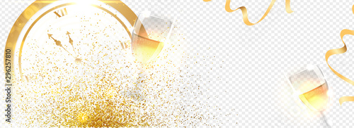 Website header or banner design with golden clock and wine glasses on white transparent background.