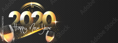 Paper cut text 2020 with wine glasses, clock and glitter effect on black png background for Happy New Year celebration. Header or banner design.