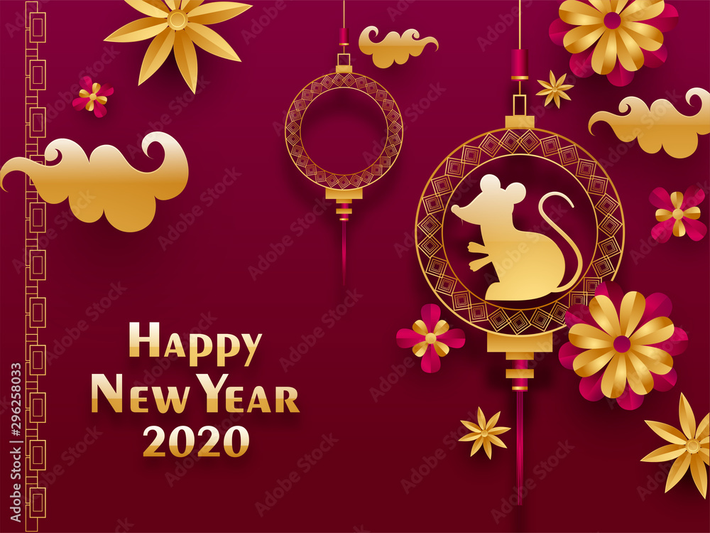 2020 Happy Chinese New Year greeting card design with hanging rat zodiac sign and paper cut flowers decorated on pink background.