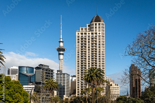 Sunny day over Auckland business district skyline in New Zealand largest city