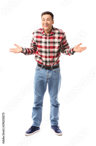 Portrait of handsome carefree young man on white background