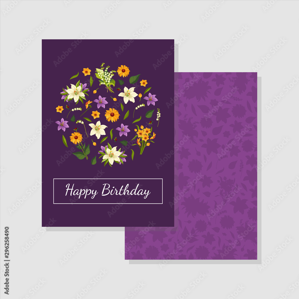 Happy Birthday Purple Card Template with Floral Pattern of Circular Shape Vector Illustration
