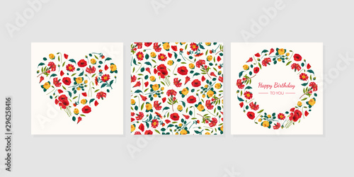 Happy Birthday to You Card Template with Floral Pattern of Circular and Heart Shape Vector Illustration