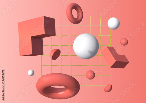 3d shapes flying in front of the golden grid over pink background