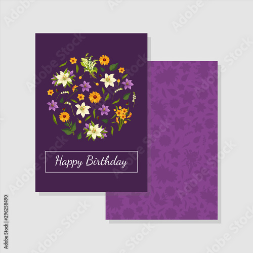 Happy Birthday Purple Card Template with Floral Pattern of Circular Shape Vector Illustration