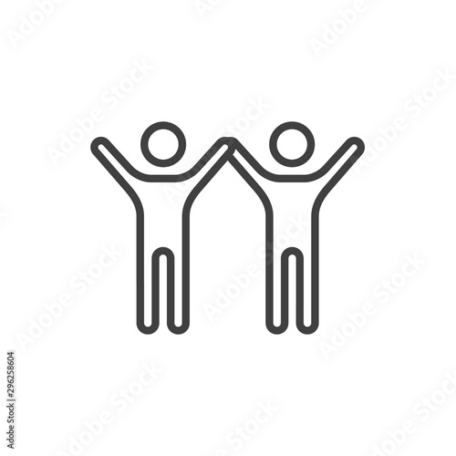Friends with raised hands line icon. linear style sign for mobile concept and web design. People friendship outline vector icon. Symbol, logo illustration. Vector graphics
