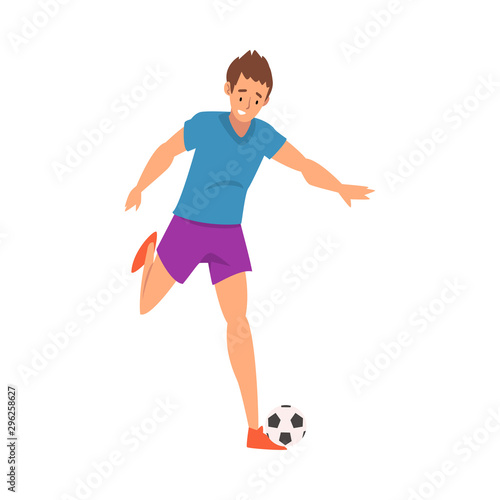 Soccer Player in Sports Uniform Kicking the Ball, Front View, Professional Athlete Character in Action Vector Illustration © topvectors