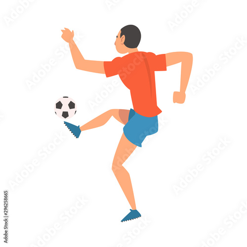 Soccer Player in Sports Uniform Kicking the Ball, Professional Athlete Character in Red T-shirt and Blue Shorts in Action, View from Behind Vector Illustration