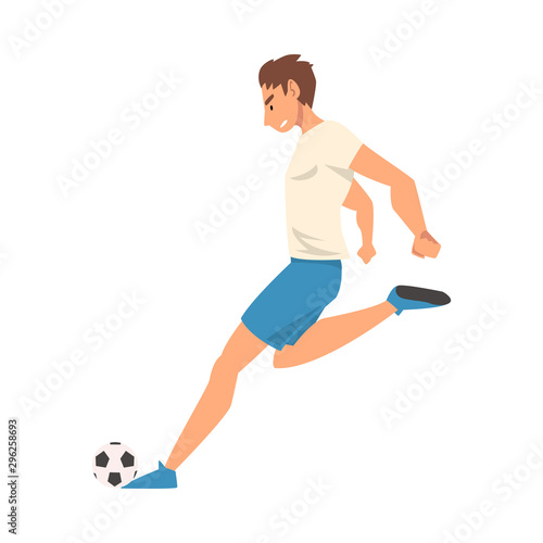 Soccer Player in Sports Uniform Kicking the Ball, Side View, Professional Athlete Character in Action Vector Illustration