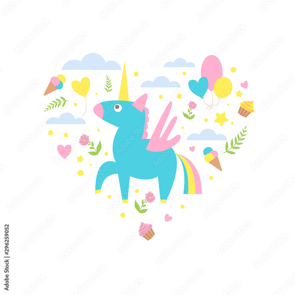 Magic Unicorn with Clouds and Ice Creams of Heart Shape, Cute Childish Poster, Greeting or Invitation Card, Print for T-shirt Design Element Vector Illustration