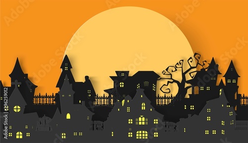 Paper cut Halloween concept with house, tree and full moon on orange  background.