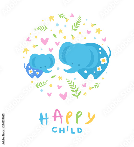 Happy Child Banner Template, Pink Mother and Kid Elephants, Cute Childish Poster, Greeting or Invitation Card, Print for T-shirt Design Element Vector Illustration