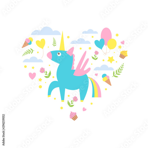 Magic Unicorn with Clouds and Ice Creams of Heart Shape  Cute Childish Poster  Greeting or Invitation Card  Print for T-shirt Design Element Vector Illustration