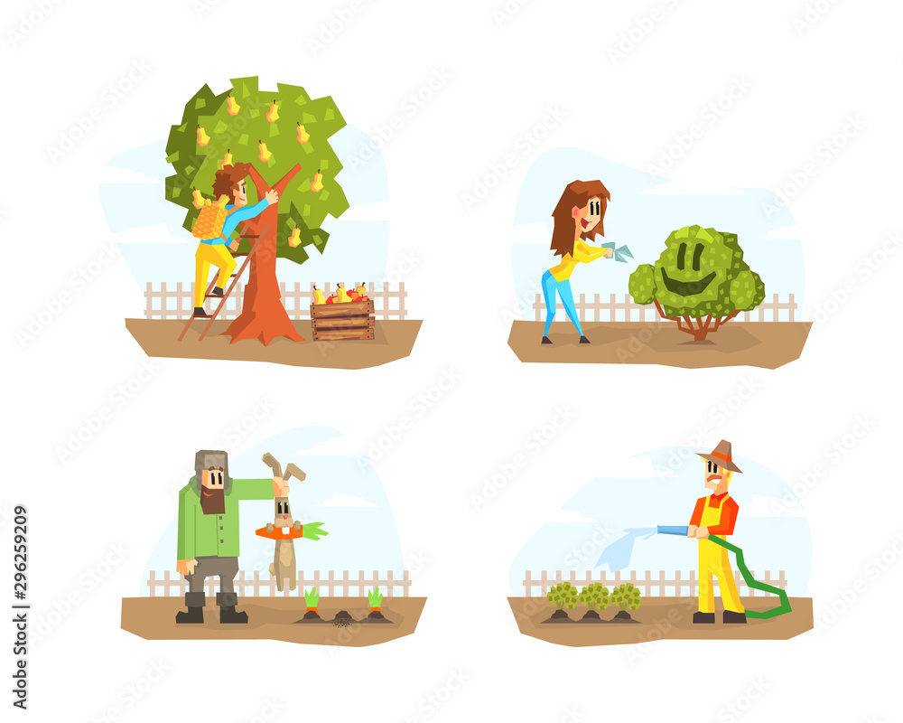 Fototapeta premium Men and Women Harvesting, Watering Plants, Shearing Hedge, Farmers Characters Working in Garden or Farm Vector Illustration