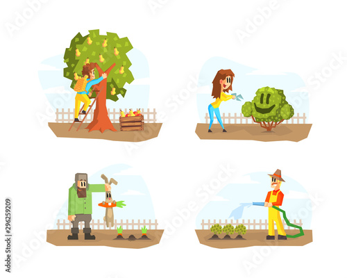 Men and Women Harvesting, Watering Plants, Shearing Hedge, Farmers Characters Working in Garden or Farm Vector Illustration