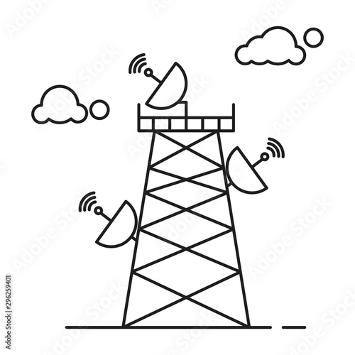 Satellite tower illustration. Outline thin line illustration. Isolated on white background. 