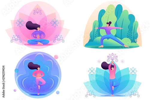 Set Flat 2D concepts by doing yoga, pose, asana, outdoors in the Park and on bright backgrounds. For Concept for web design