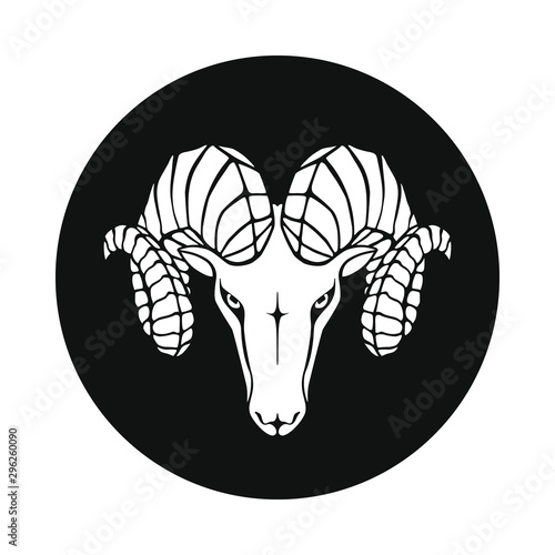 Aries graphic icon. Ram head sign in the black circle isolated on white background. Argali symbol. Vector illustration