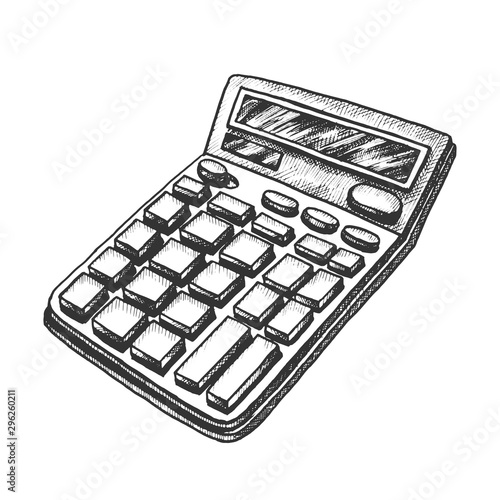 Calculator Stationery Equipment Monochrome Vector. Office Tool Electronic Calculator. Business Finance Device Engraving Concept Template Hand Drawn In Vintage Style Black And White Illustration