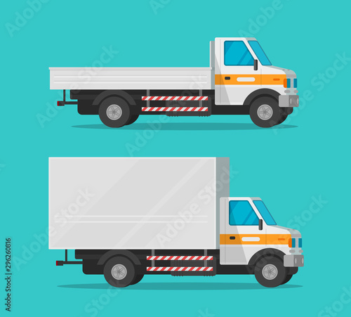 Cargo trucks or lorry and delivery automobiles or vehicle vector set, flat cartoon freight industry transport, small courier semi-truck cars and wagon vans for shipping isolated clipart image