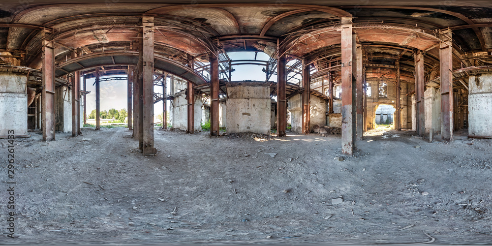 Full spherical seamless hdri panorama 360 degrees angle view concrete structures of abandoned ruined building of cement factory in equirectangular projection, VR AR content