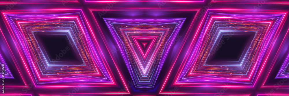 Dark abstract futuristic background. Neon lines glow. Neon lines, geometric shapes. Pink and blue glow. Abstract neon light, night view. Dark abstract futuristic background. Neon lines glow. Neon lines, geometric shapes. Pink and blue glow. Abstract neon light, night view.