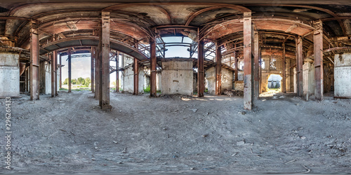 Full spherical seamless hdri panorama 360 degrees angle view concrete structures of abandoned ruined building of cement factory in equirectangular projection  VR AR content