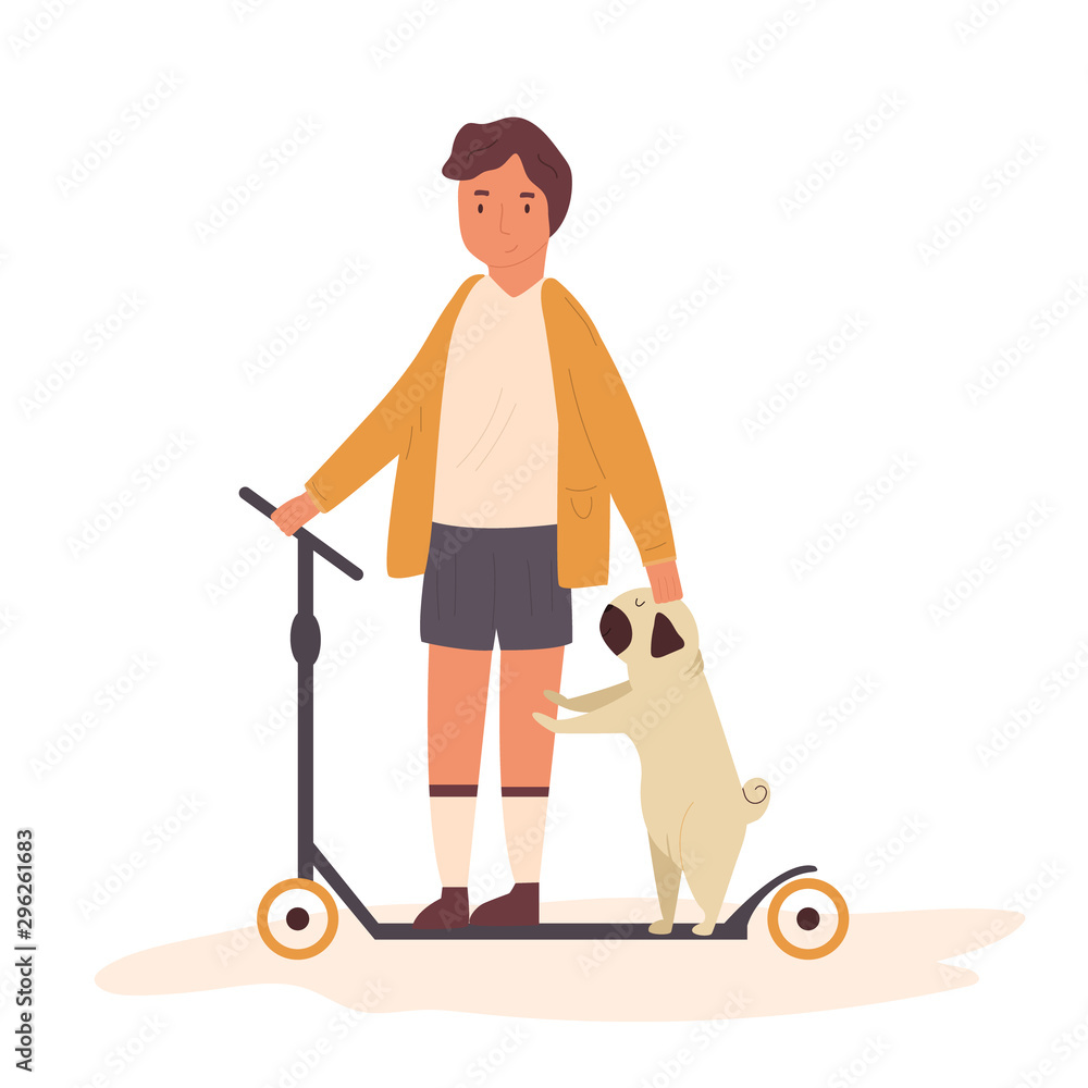 Boy riding his kick scooter with a pug dog. Boy riding his kick scooter with a pug dog.