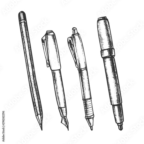 Pen, Pencil And Felt-tip Marker Retro Set Vector. Pen Collection For Writing And Drawing School Equipment. Engraving Concept Template Hand Drawn In Vintage Style Black And White Illustrations