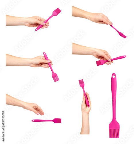 Obraz na płótnie Silicone kitchen brush, pink cooking accessory, set and collection
