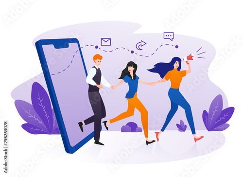 Referral marketing, affiliate marketing, network marketing, business partnership, referral program strategy. People holding hands and come out of smartphone screen