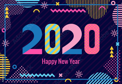 Stylish greeting card. Happy New Year 2020. Trendy geometric font in memphis style of 80s-90s. Digits and abstract geometric shapes on striped dark blue background