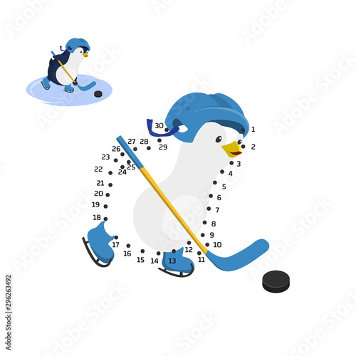 Dot to dot game. Educational number puzzle for kids. Penguin playing hockey. Funny bird in cartoon style. Isolated cute character