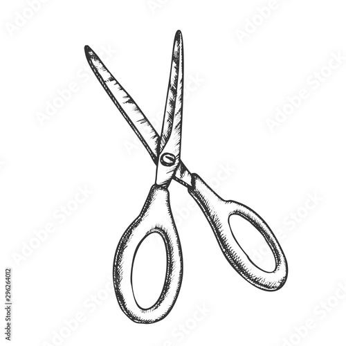 Scissors Metal Cutting Equipment Monochrome Vector. Sharp Cutting Scissors. Stationery Or Hairdresser Tool Shear Engraving Concept Template Hand Drawn In Vintage Style Black And White Illustration