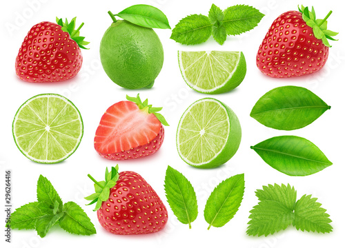Collection of lime and strawberry isolated on a white background with clipping path. Variation on a Mojito theme. © dizolator