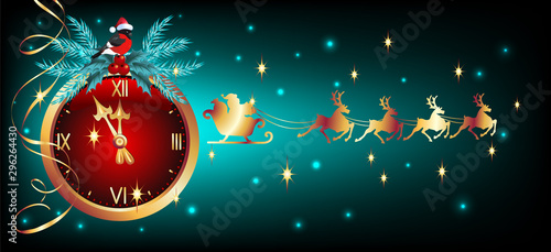 Christmas card with golden chimes and bullfinches in Santa hat and flying reindeer team with Santa Claus in sledge