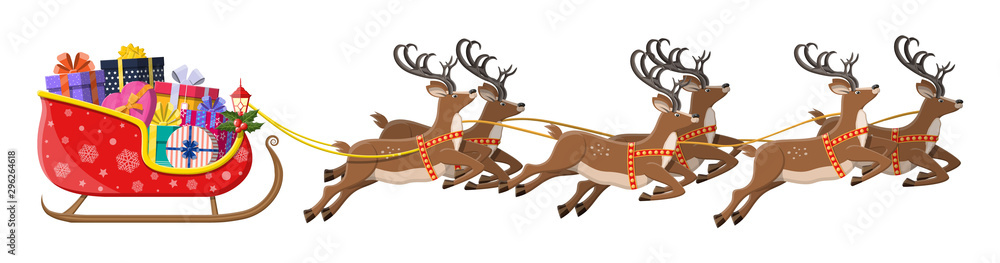 Santa claus sleigh full of gifts and his reindeers. Happy new year decoration. Merry christmas holiday. New year and xmas celebration. Vector illustration in flat style - obrazy, fototapety, plakaty 