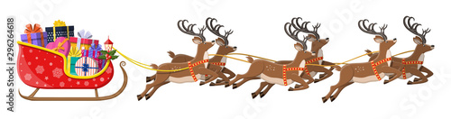 Santa claus sleigh full of gifts and his reindeers. Happy new year decoration. Merry christmas holiday. New year and xmas celebration. Vector illustration in flat style