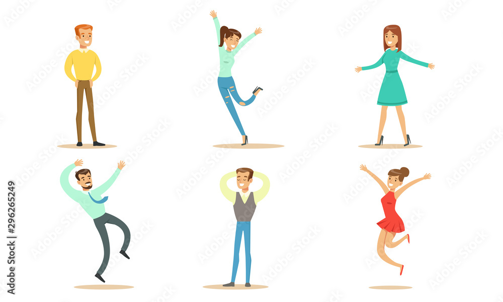 Happy People Set, Young Men and Women in Various Poses Rejoicing at an Important Event Vector Illustration