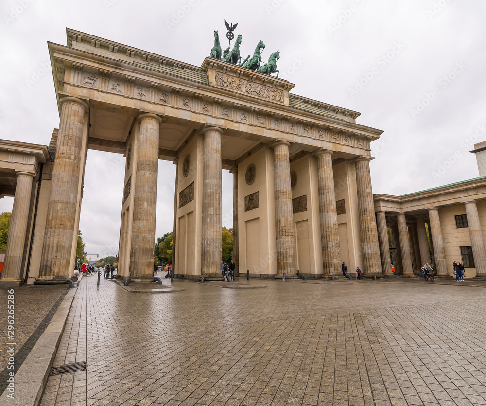 Berlin, Germany: an angular view of the Brandenburg Gate in a moment of tranquility