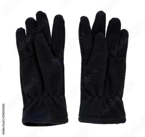 Black fleece gloves. Kids personal accessory, winter mittens.