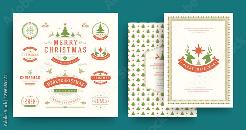 Christmas labels and badges vector design elements set with greeting card template.