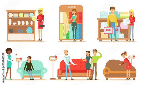 Collection of People Shopping for Furniture  Textiles and Tableware at Store  Men and Women Choosing House Decor with Help of Professional Sellers Vector Illustration