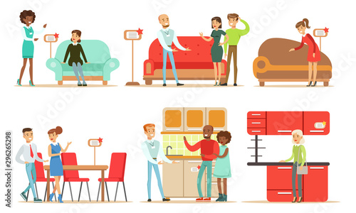 Collection of People Shopping for Kitchen and Upholstered Furniture at Store, Men and Women Choosing House Decor with Help of Professional Sellers Vector Illustration © topvectors