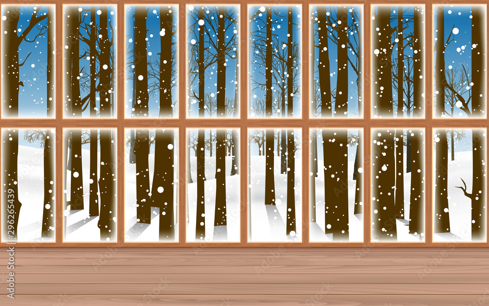 landscape of snow forest at the glass windows landscape of snow forest at the glass windows