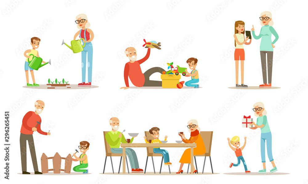 Grandpa And Grandma Spending Time with Their Grandchildren Set, Cute Boys And Girls Watering Plants, Having Dinner, Playing Toys with their Grandparents Vector Illustration