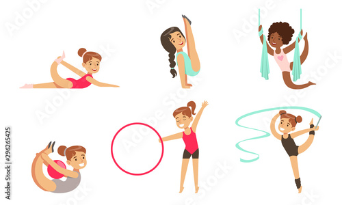 Gymnast Girls Performing Rhythmic Gymnastics Elements with Ball, Ribbon, Hoop, Aerial Silks Vector Illustration