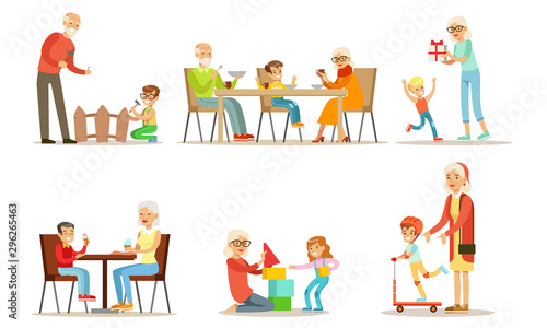 Grandpa And Grandma Spending Time with Their Grandchildren Set, Cute Boys And Girls Having Dinner, Playing Toys, Repairing Fence, Riding Kick Scooter with their Grandparents Vector Illustration © topvectors