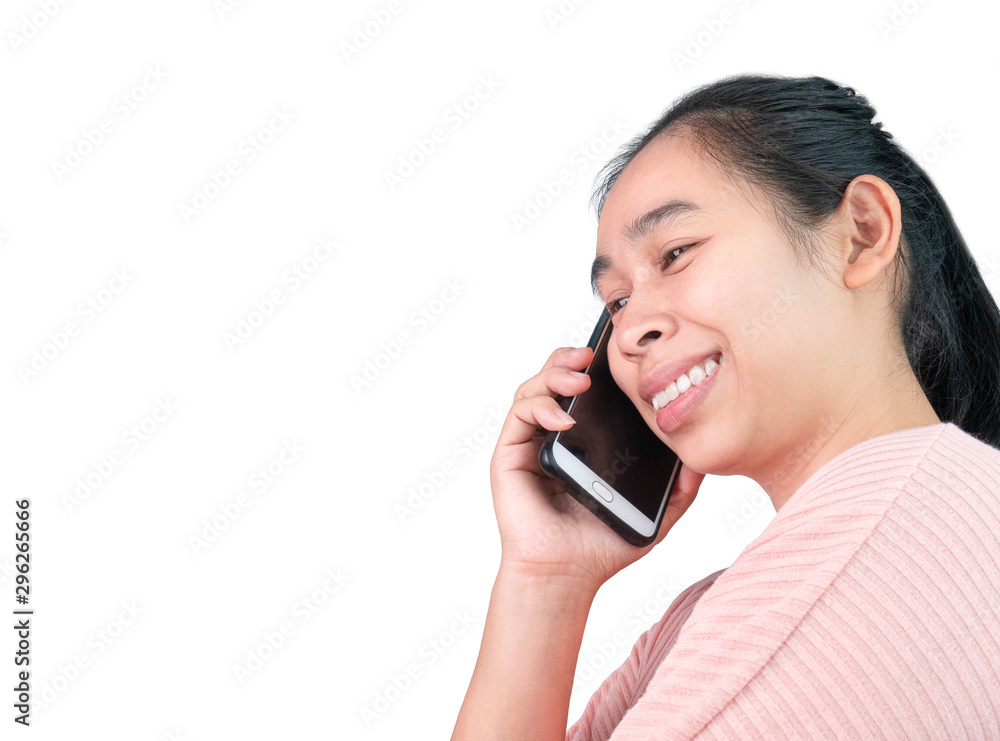 Happy Asian young woman talking by mobile phone isolated on white background. Happy Asian young woman talking by mobile phone isolated on white background.